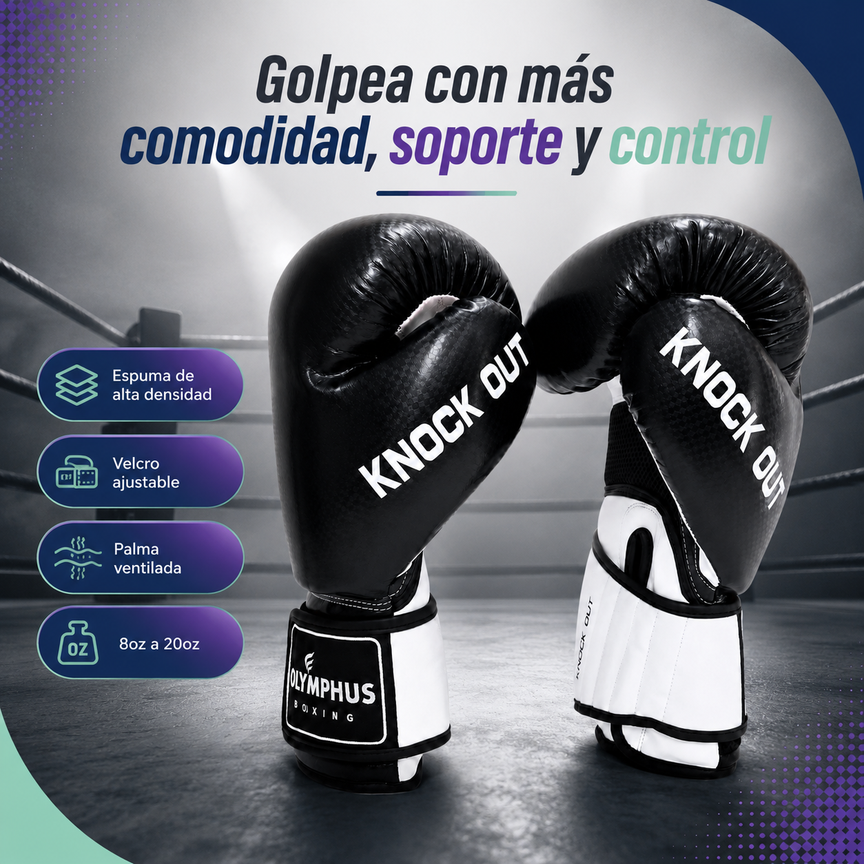 Guantes de Boxeo Olymphus Knock Out Semi Profesionales | Negro