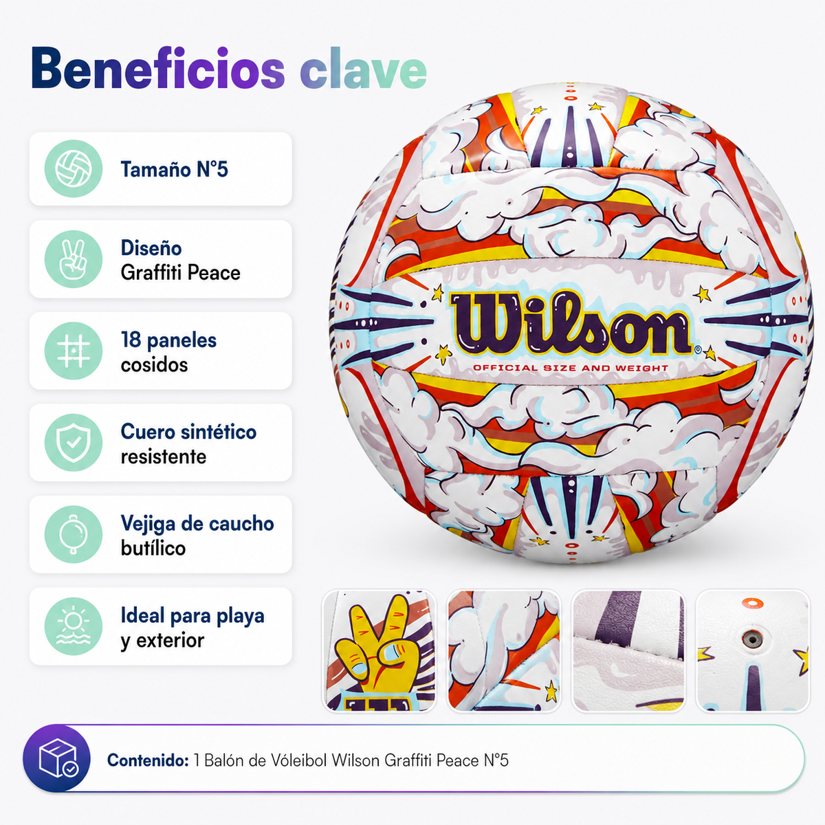 Balón de Vóleibol Wilson Graffiti Peace N°5 para Playa y Exterior Con Malla y Aguja