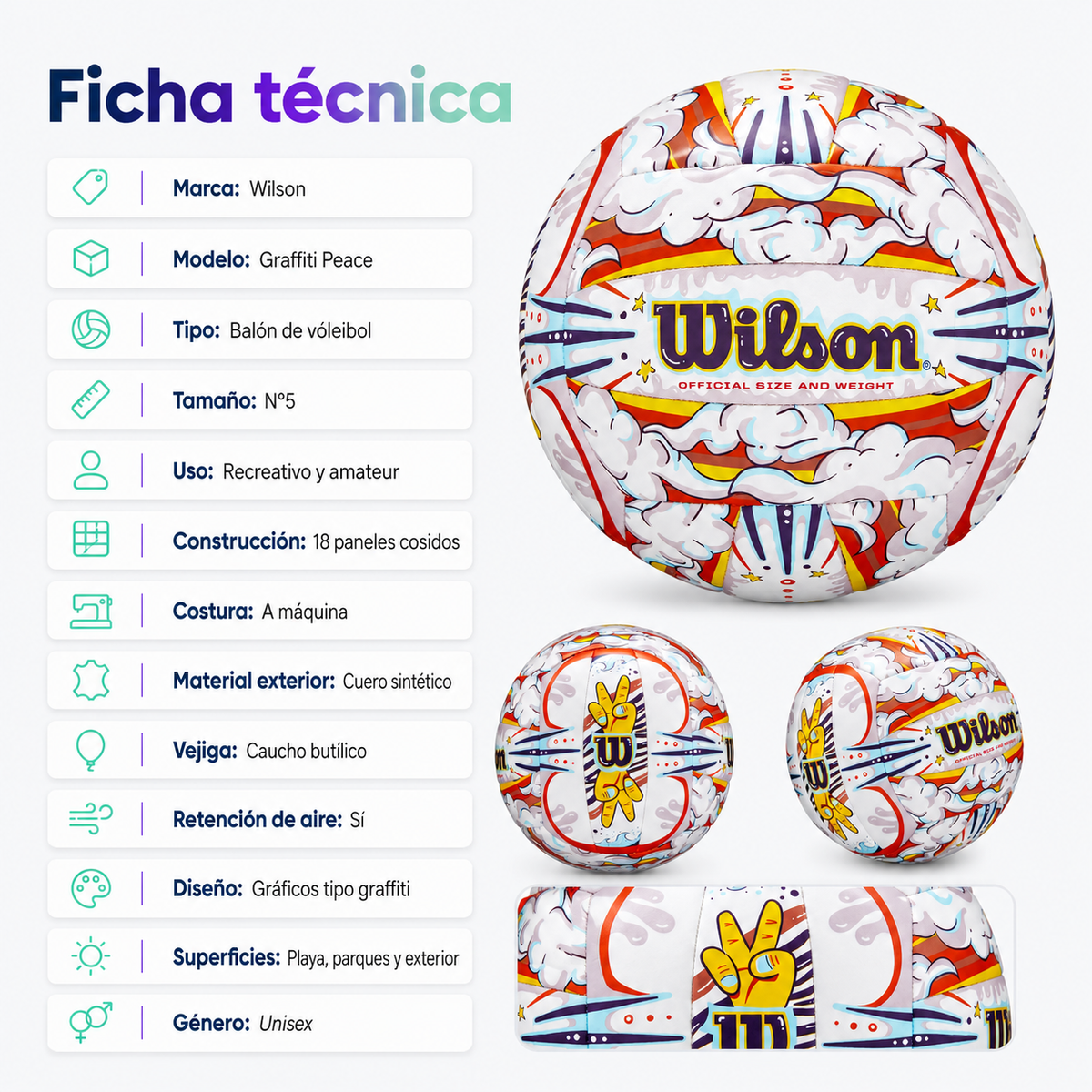 Balón de Vóleibol Wilson Graffiti Peace N°5 para Playa y Exterior Con Malla y Aguja