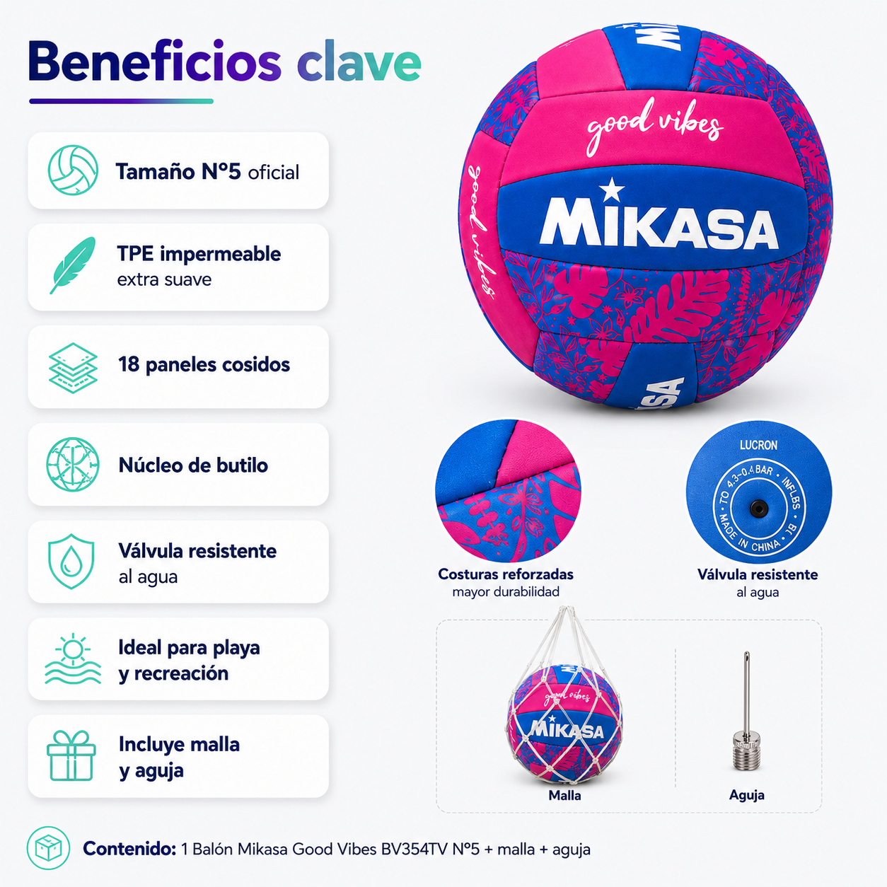 Balón de Vóleibol Playa Mikasa Good Vibes N°5 Con Malla y Aguja Fucsia/Azul