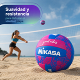 Balón de Vóleibol Playa Mikasa Good Vibes N°5 Con Malla y Aguja Fucsia/Azul