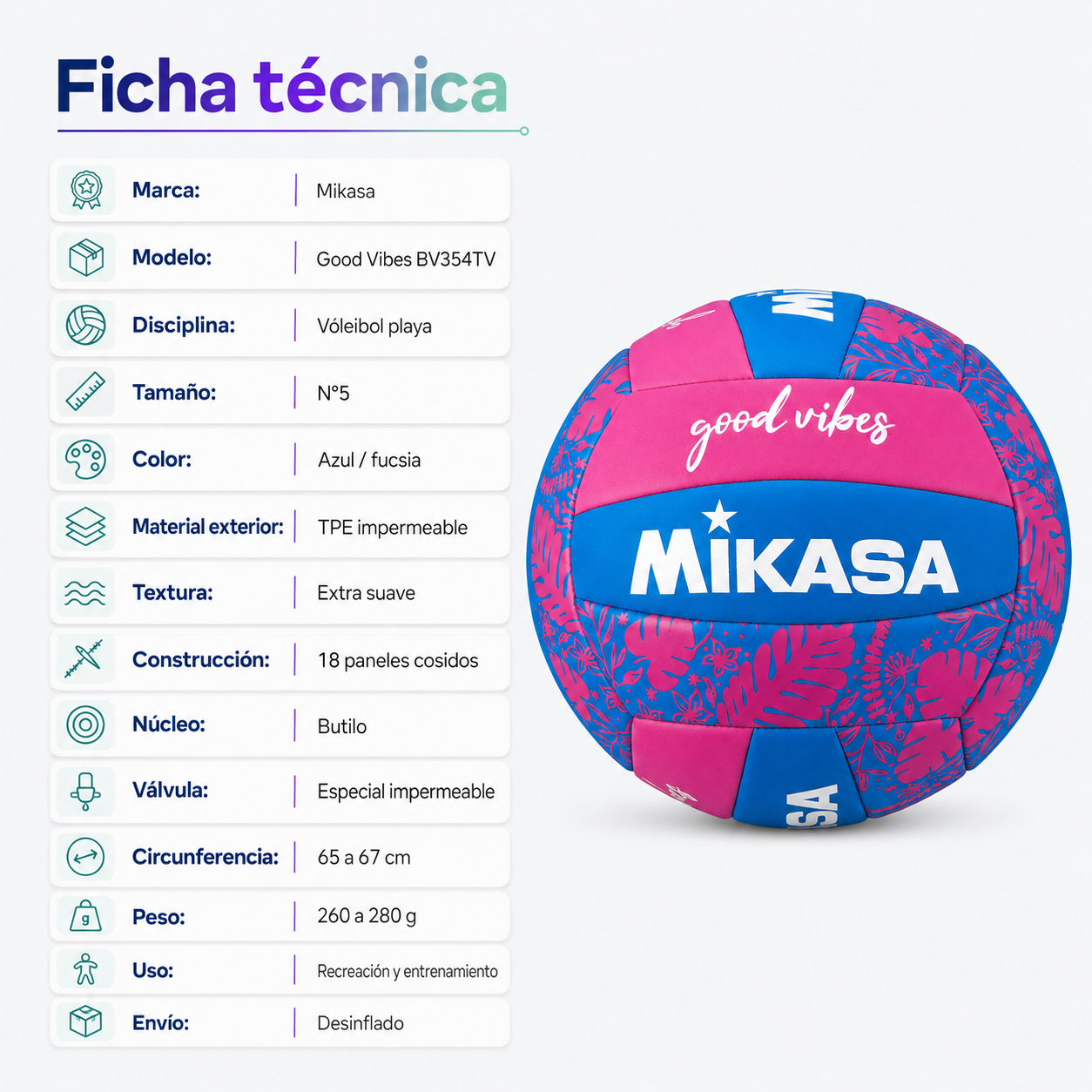 Balón de Vóleibol Playa Mikasa Good Vibes N°5 Con Malla y Aguja Fucsia/Azul