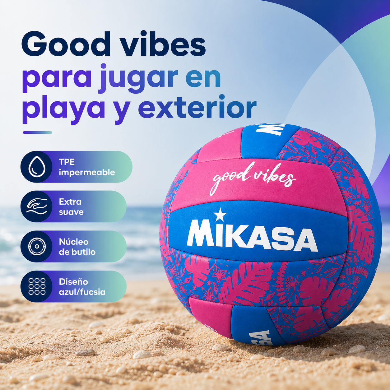 Balón de Vóleibol Playa Mikasa Good Vibes N°5 Con Malla y Aguja Fucsia/Azul