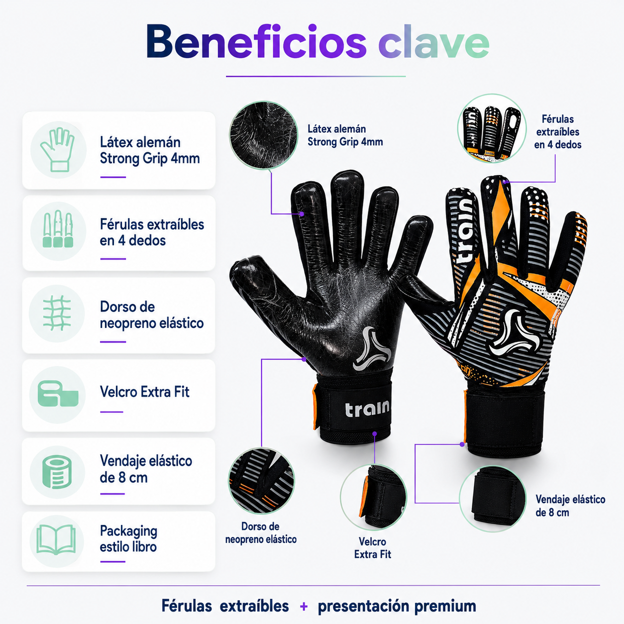 Guantes de Arquero Train TRIFÓN Látex Alemán 4mm con Férulas Extraíbles | Negro