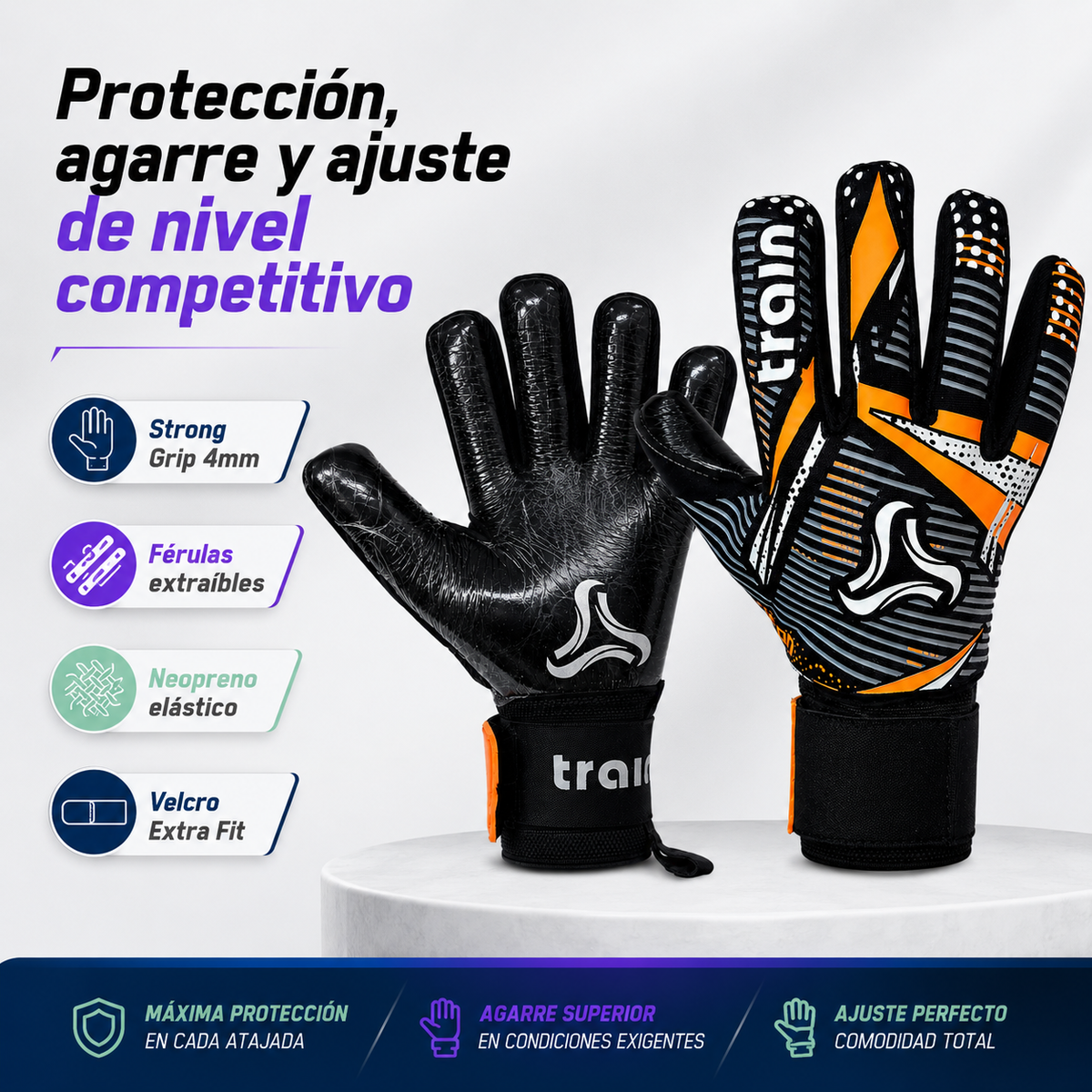 Guantes de Arquero Train TRIFÓN Látex Alemán 4mm con Férulas Extraíbles | Negro