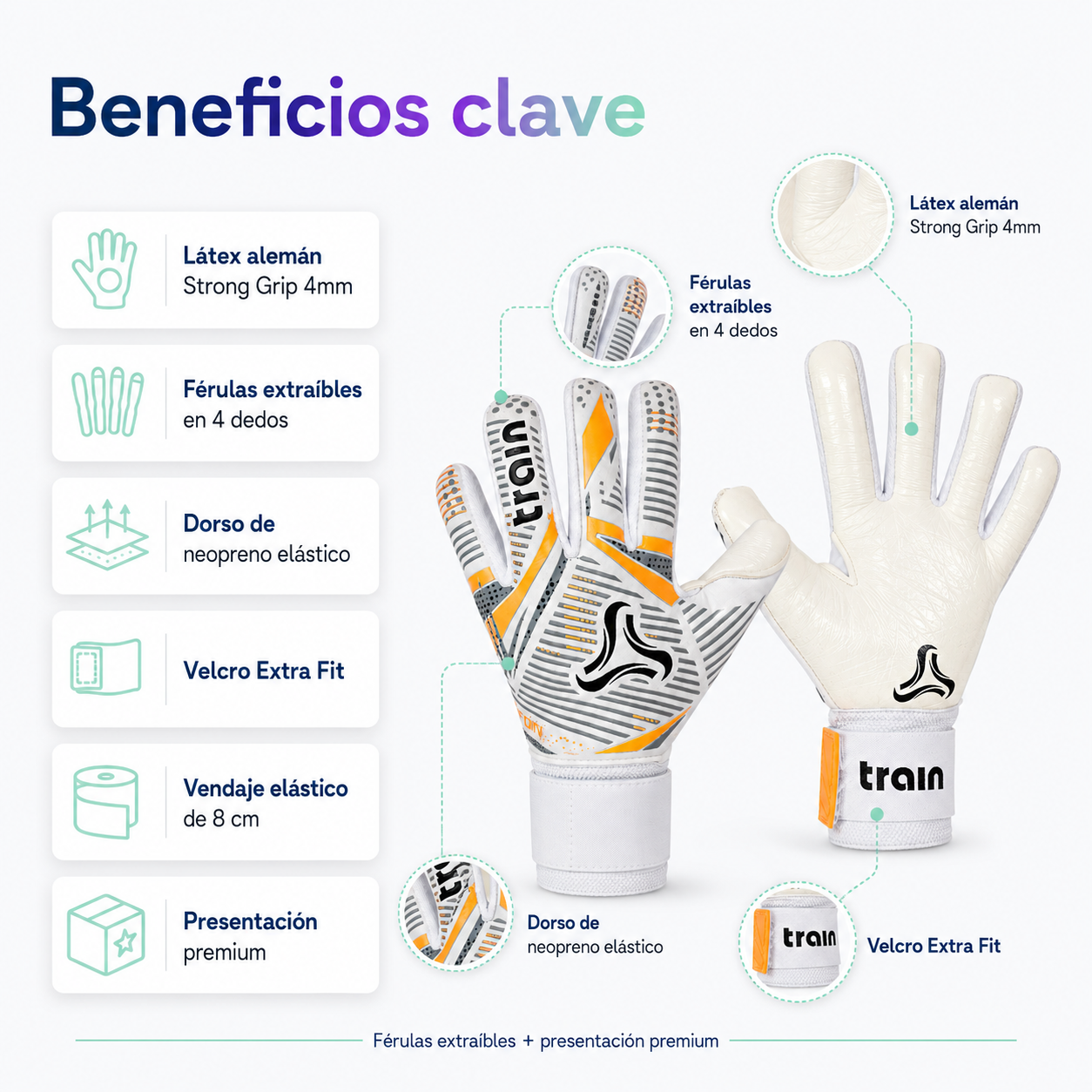 Guantes de Arquero Train TRIFÓN Látex Alemán 4mm con Férulas Extraíbles | Blanco