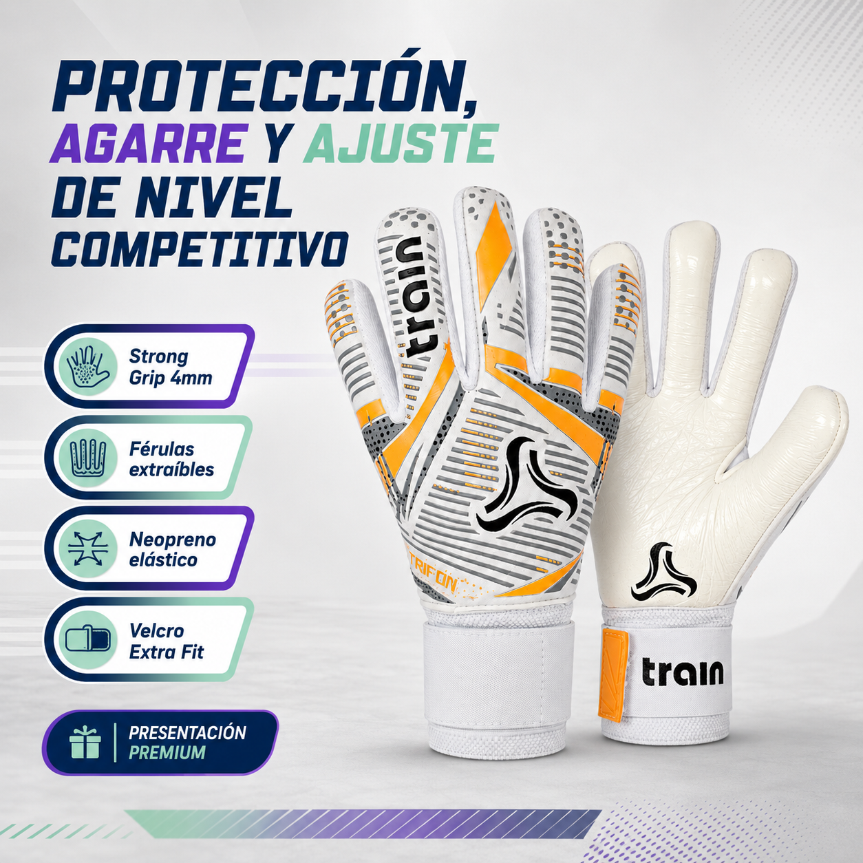 Guantes de Arquero Train TRIFÓN Látex Alemán 4mm con Férulas Extraíbles | Blanco