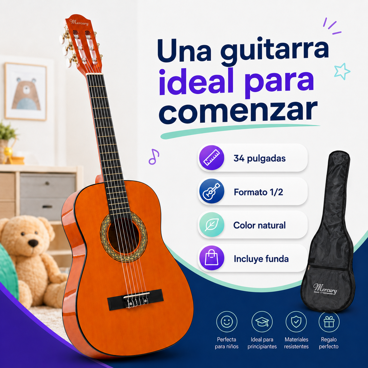 Guitarra Acústica Infantil Mercury MCG34 34” Natural con Funda