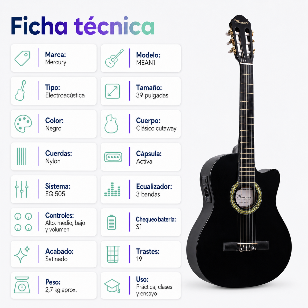 Guitarra Electroacústica Mercury MEAN1 39” Negra con EQ 3 Bandas