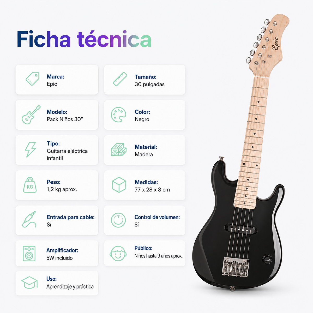 Guitarra Eléctrica Epic Niños 30” Negra con Amplificador 5W