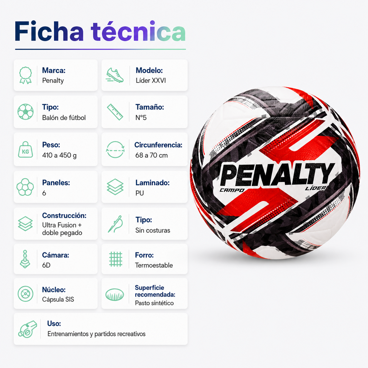 Balón de Fútbol Campo Penalty Líder XXVI N°5 Ultra Fusion | Negro/Rojo