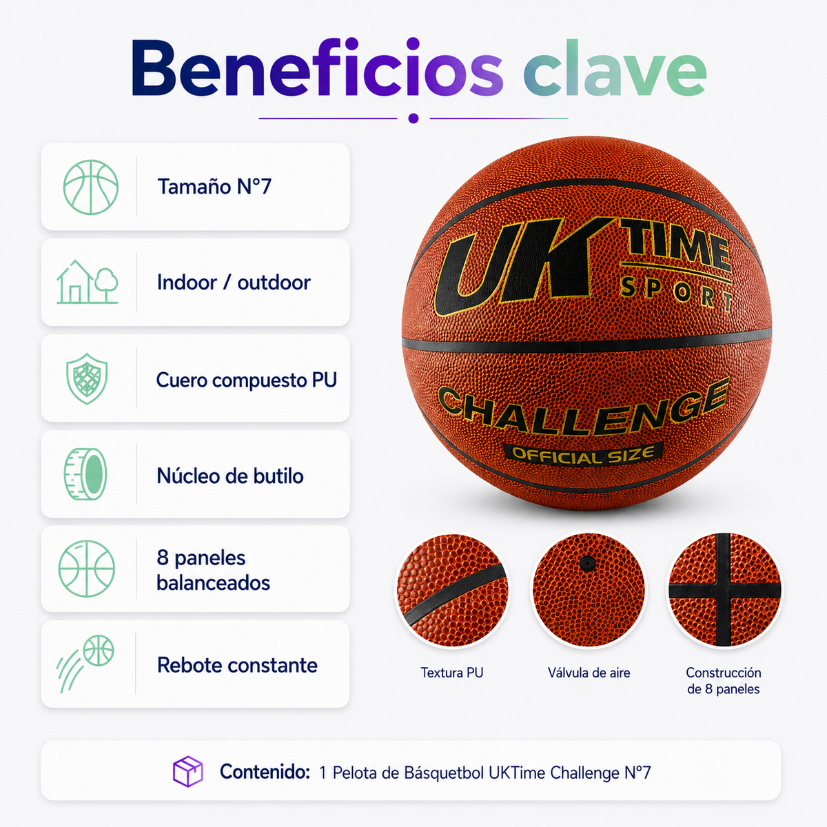 Pelota de Básquetbol UKTime Challenge N°7 PU con Malla y Aguja