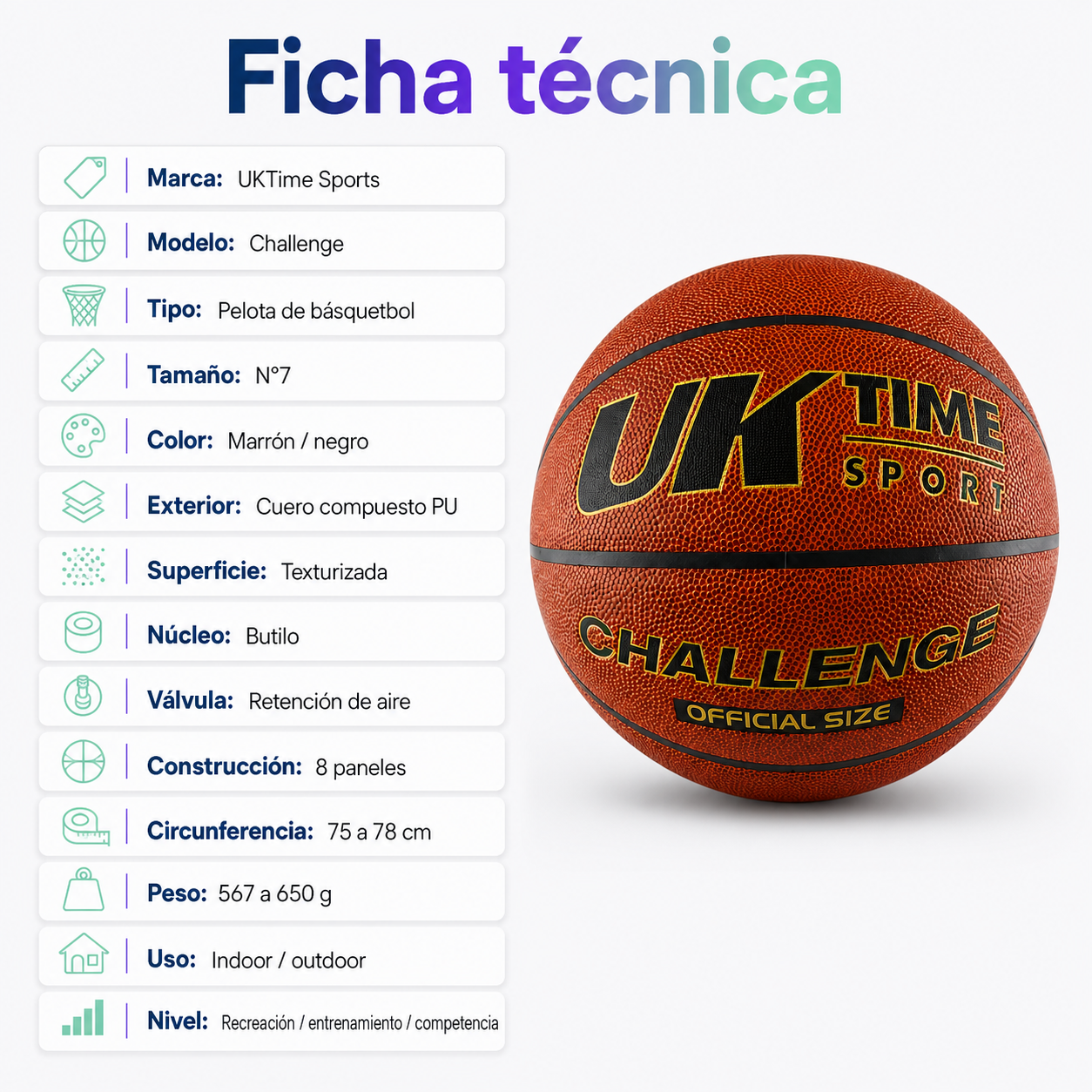 Pelota de Básquetbol UKTime Challenge N°7 PU con Malla y Aguja