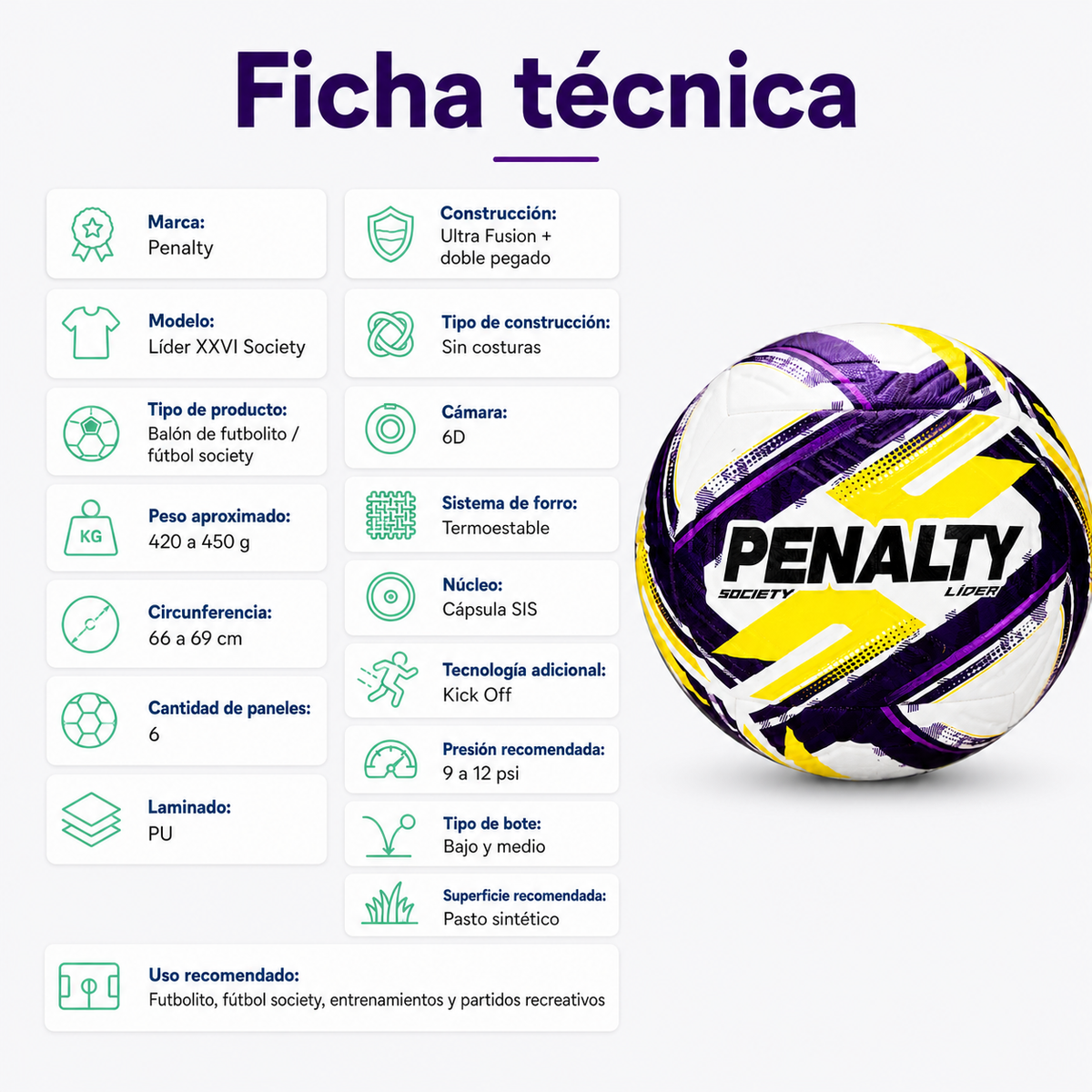 Balón de Futbolito Society Penalty Líder XXVI Ultra Fusion PU | Morado/Amarillo