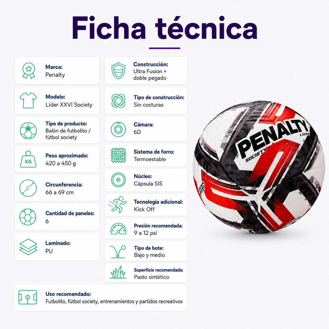 Balón de Futbolito Society Penalty Líder XXVI Ultra Fusion PU | Negro/Rojo