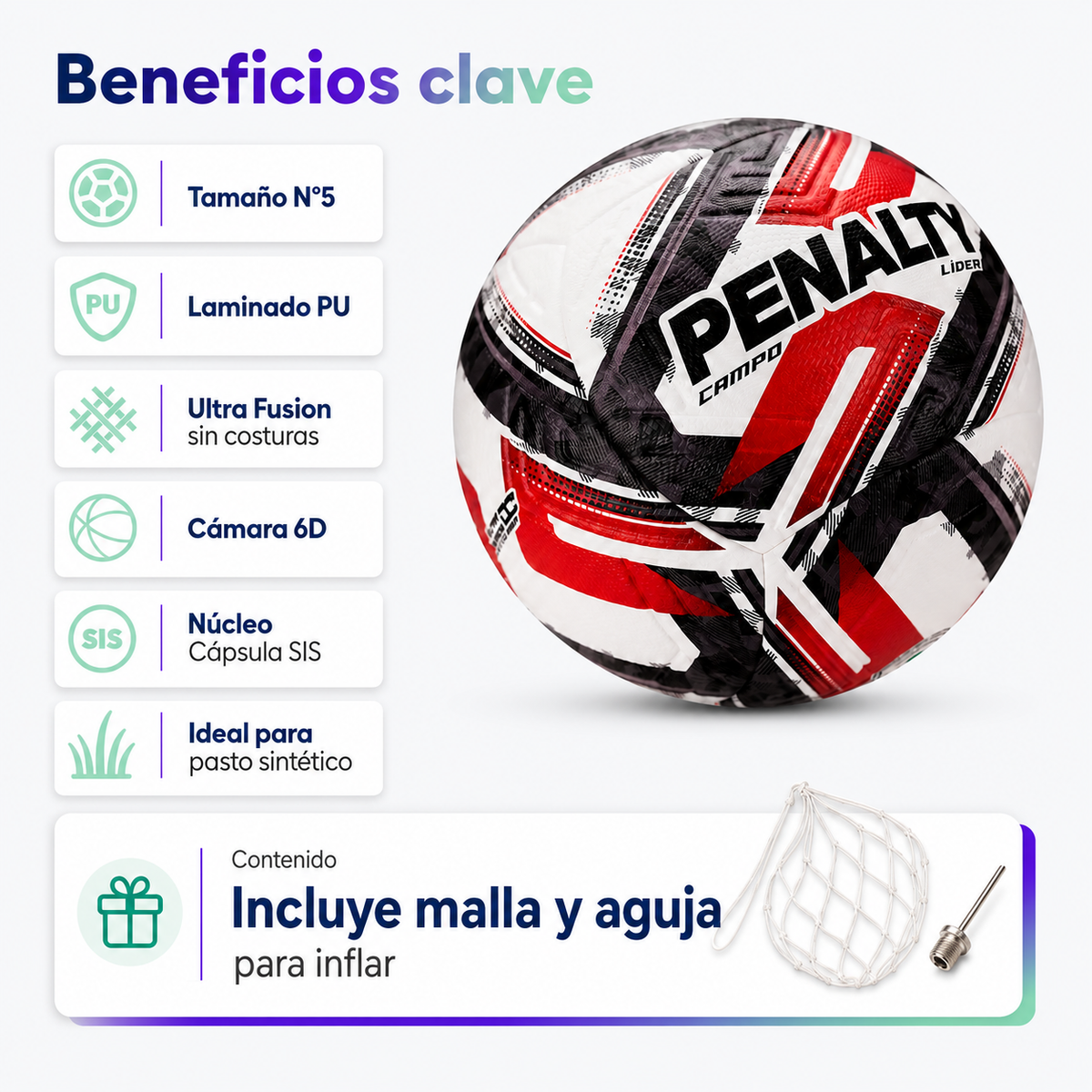 Balón de Fútbol Campo Penalty Líder XXVI N°5 Ultra Fusion | Negro/Rojo