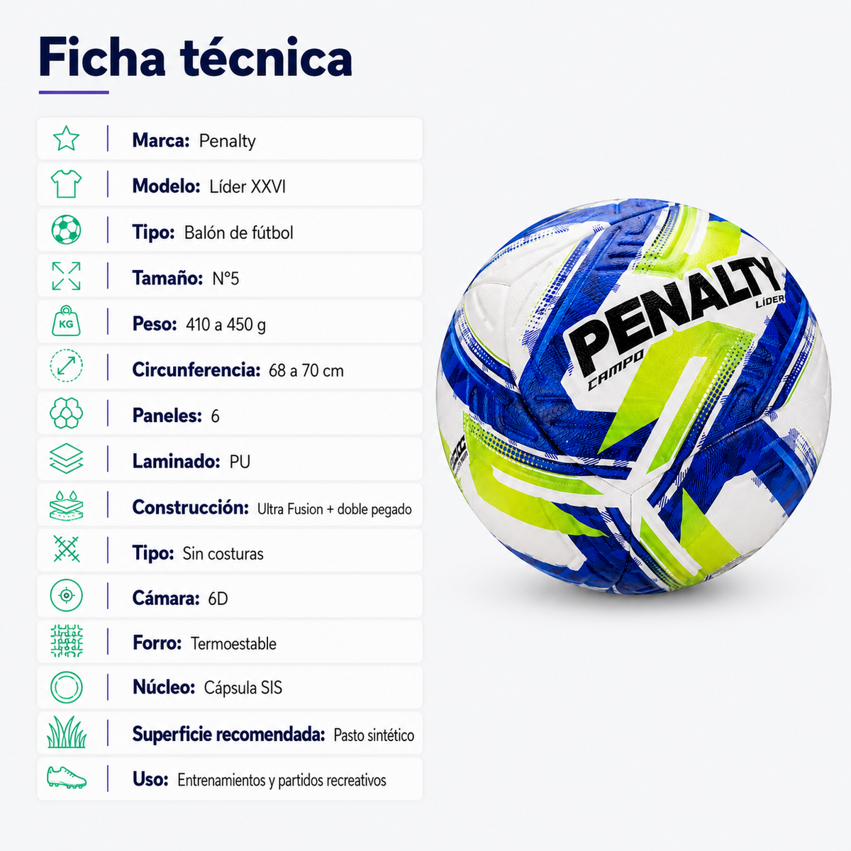 Balón de Fútbol Campo Penalty Líder XXVI N°5 Ultra Fusion | Azul/Verde