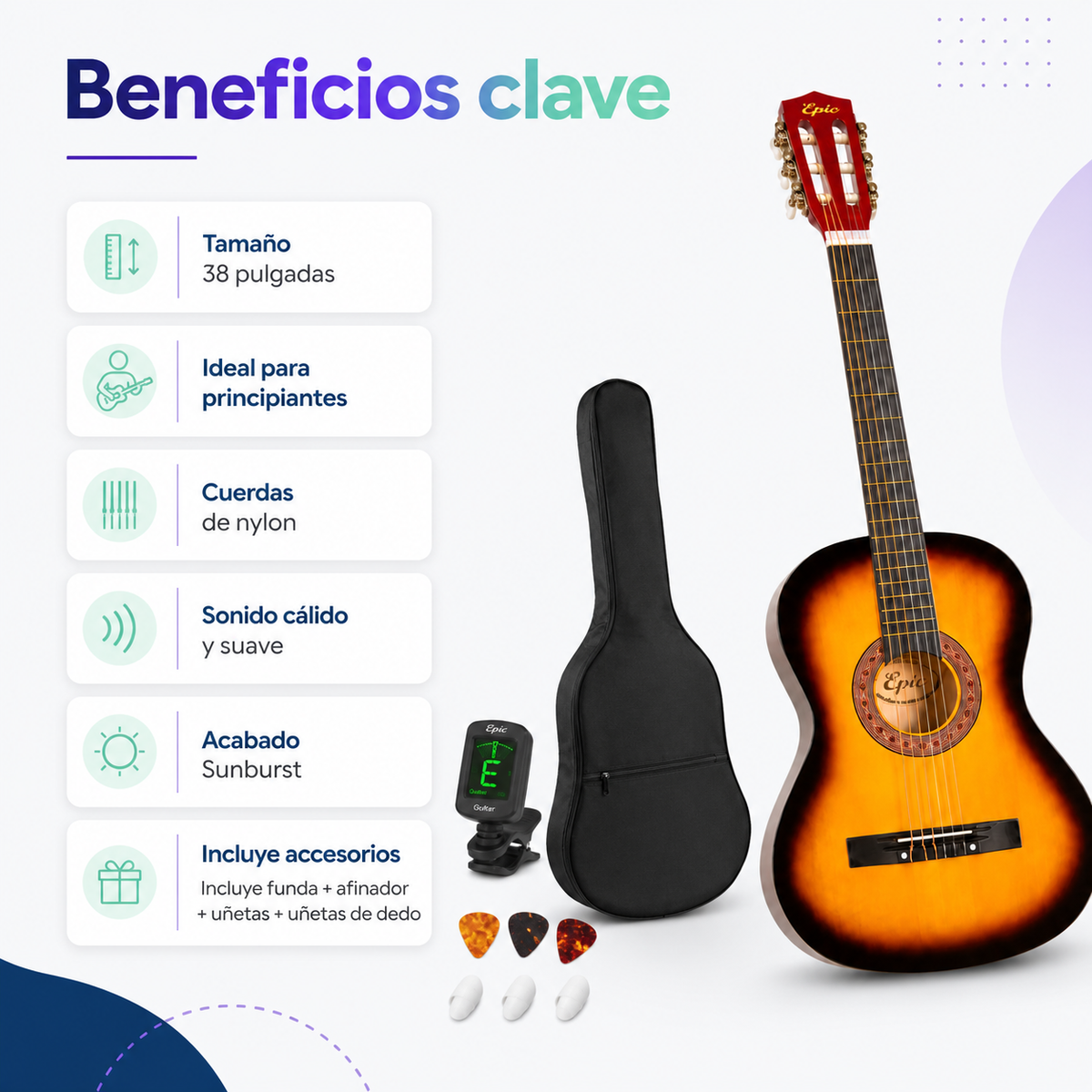 Guitarra Acustica Epic Sunburst 38” con Funda, Afinador y Uñetas