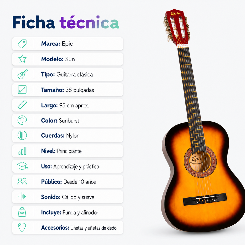 Guitarra Acustica Epic Sunburst 38” con Funda, Afinador y Uñetas