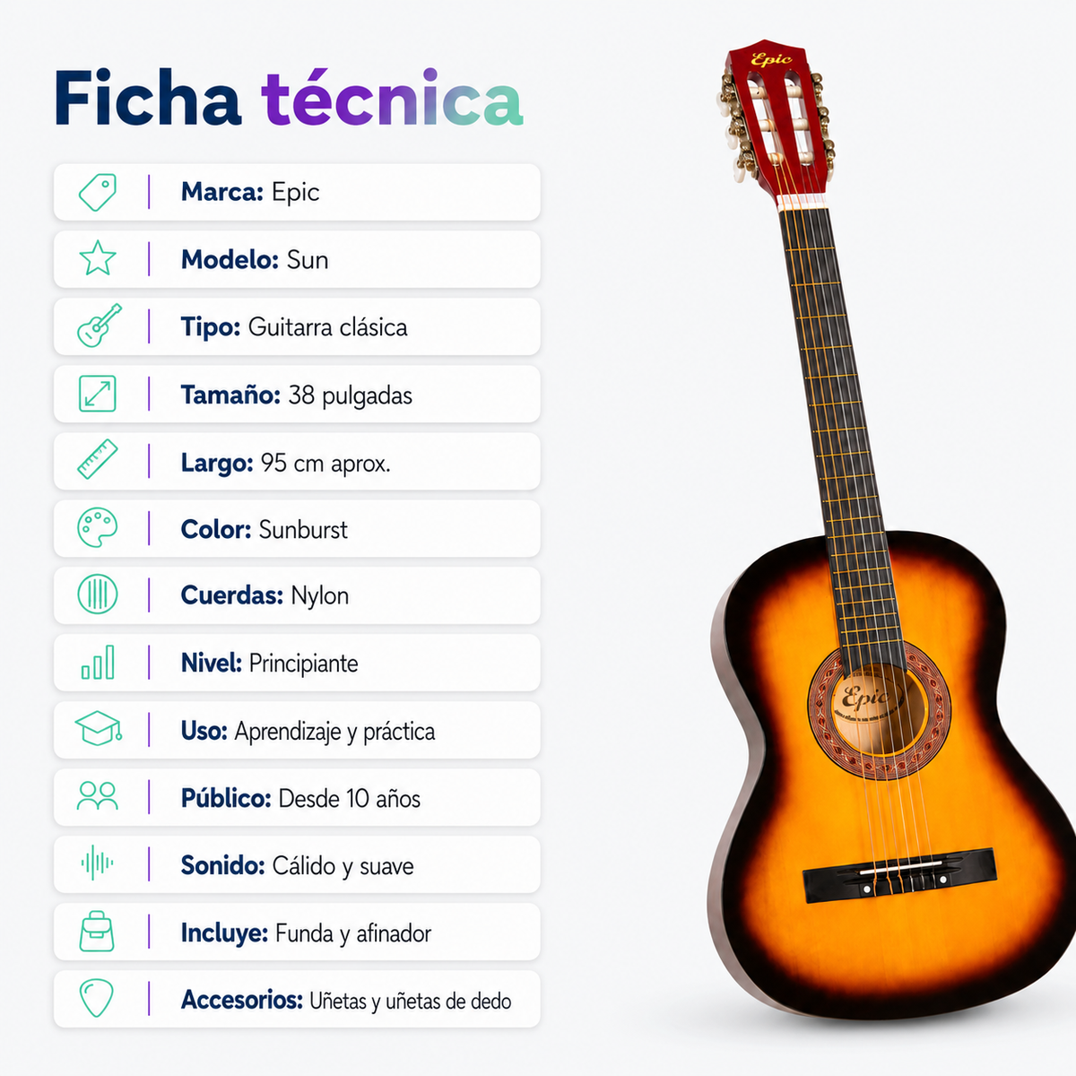 Guitarra Acustica Epic Sunburst 38” con Funda, Afinador y Uñetas