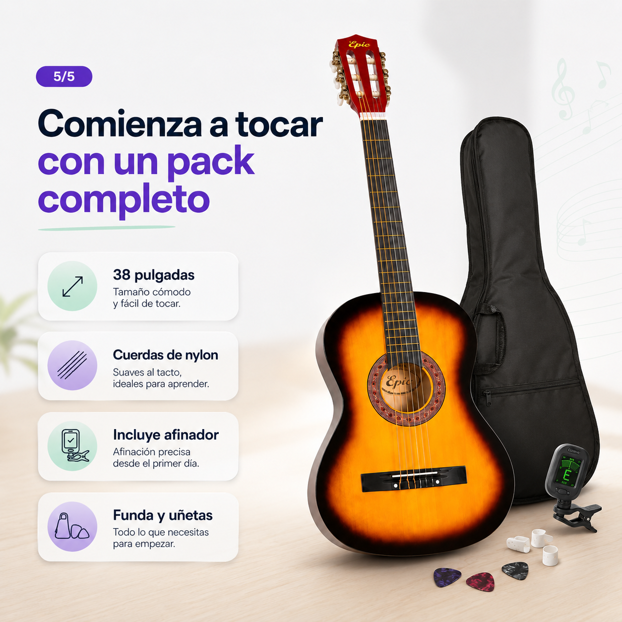 Guitarra Acustica Epic Sunburst 38” con Funda, Afinador y Uñetas