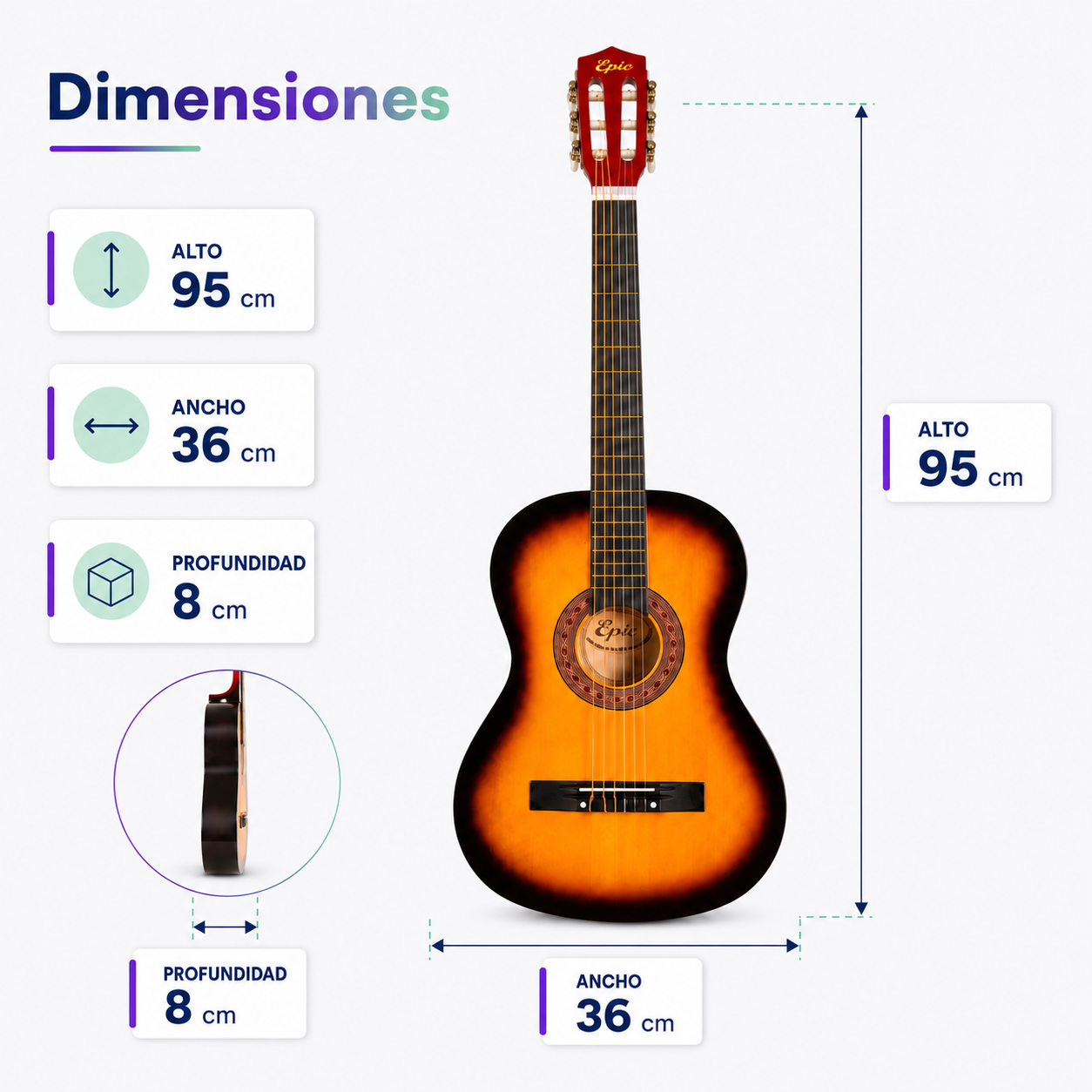 Guitarra Acustica Epic Sunburst 38” con Funda, Afinador y Uñetas