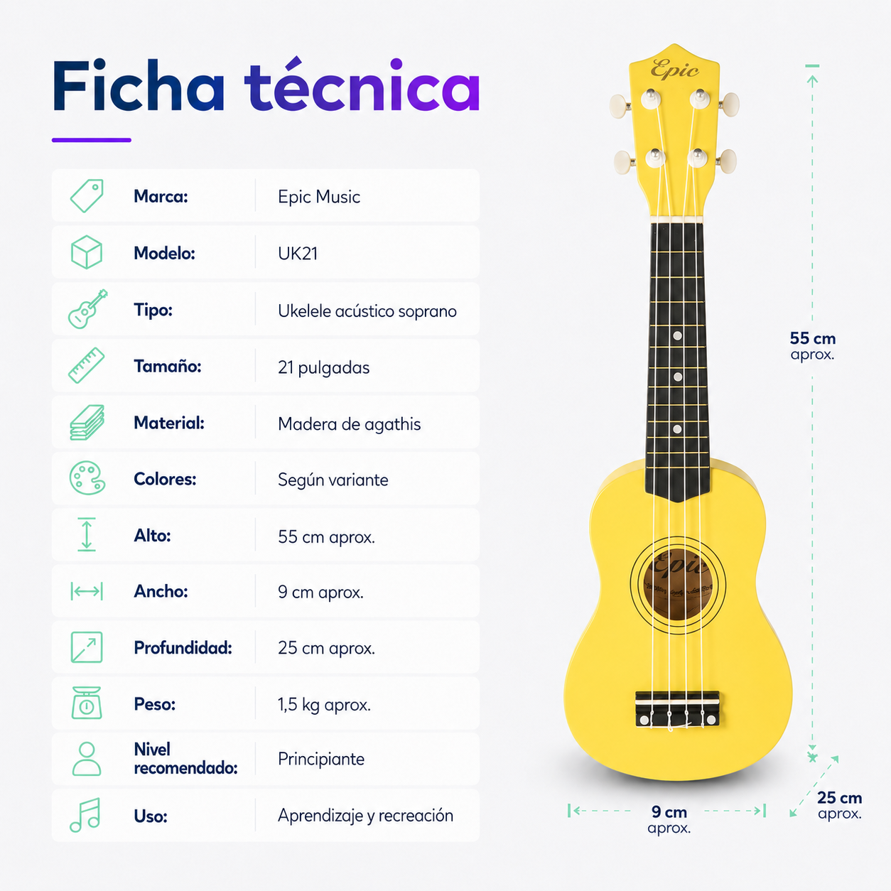 Ukelele Soprano Epic Music 21” con Funda, Afinador, Capo y Accesorios | Amarillo