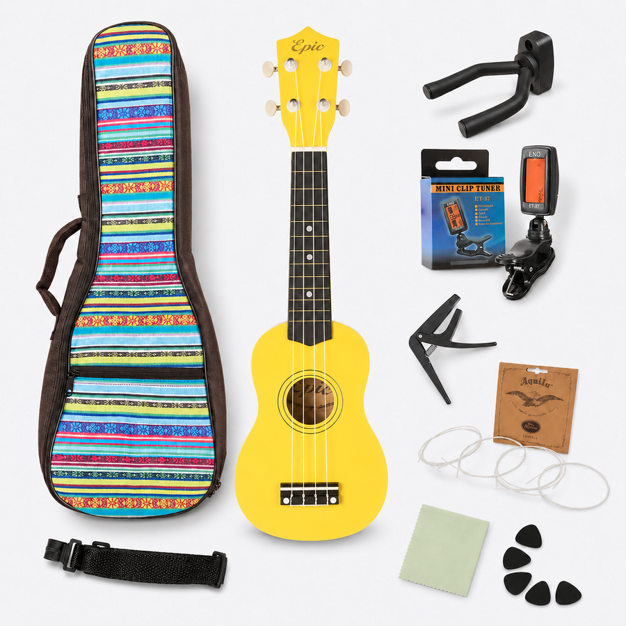 Ukelele Soprano Epic Music 21” con Funda, Afinador, Capo y Accesorios | Amarillo