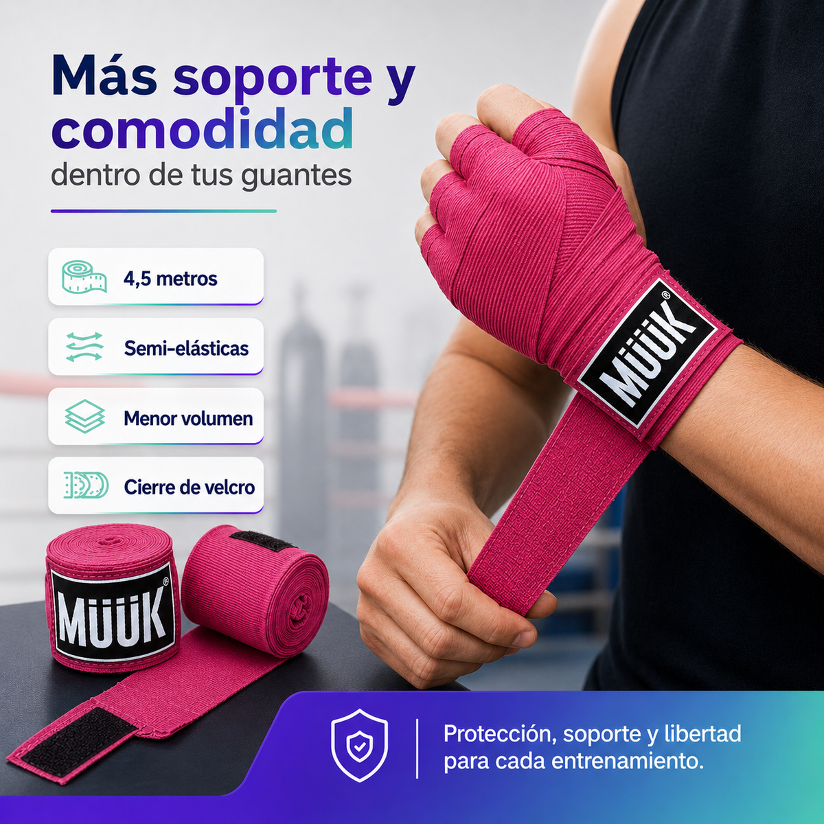 Pack Vendas de Boxeo Muuk Super Flexibles 4,5 m con Velcro | Fucsia