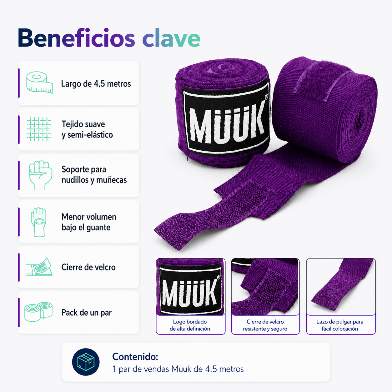 Pack Vendas de Boxeo Muuk Super Flexibles 4,5 m con Velcro | Purpura