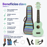Ukelele Soprano Epic Music 21” con Funda, Afinador, Capo y Accesorios | Verde Agua
