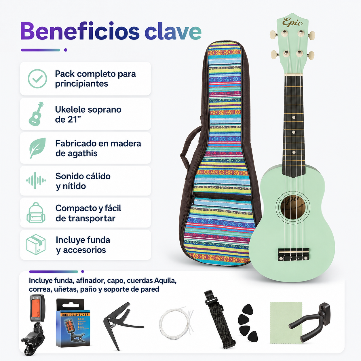 Ukelele Soprano Epic Music 21” con Funda, Afinador, Capo y Accesorios | Verde Agua