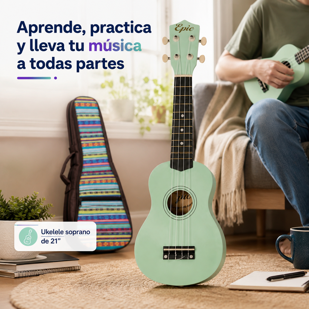 Ukelele Soprano Epic Music 21” con Funda, Afinador, Capo y Accesorios | Verde Agua
