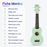 Ukelele Soprano Epic Music 21” con Funda, Afinador, Capo y Accesorios | Verde Agua