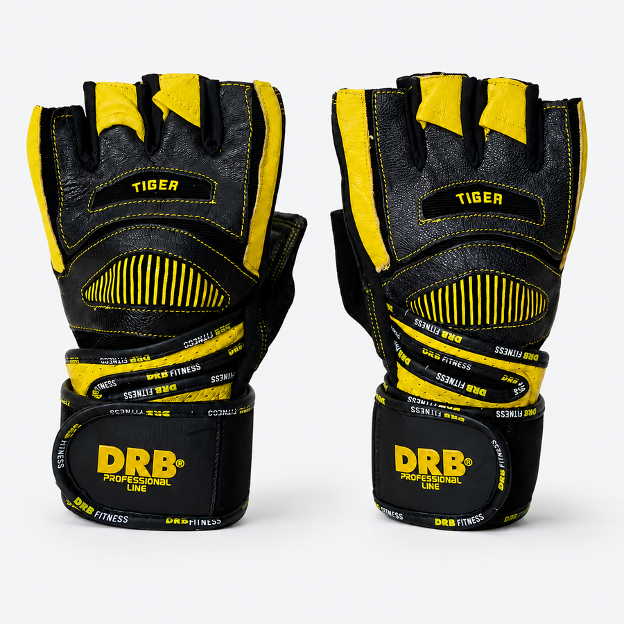 Guantes Fitness DRB Tiger Profesionales con Cuero y Muñequera | Amarillo