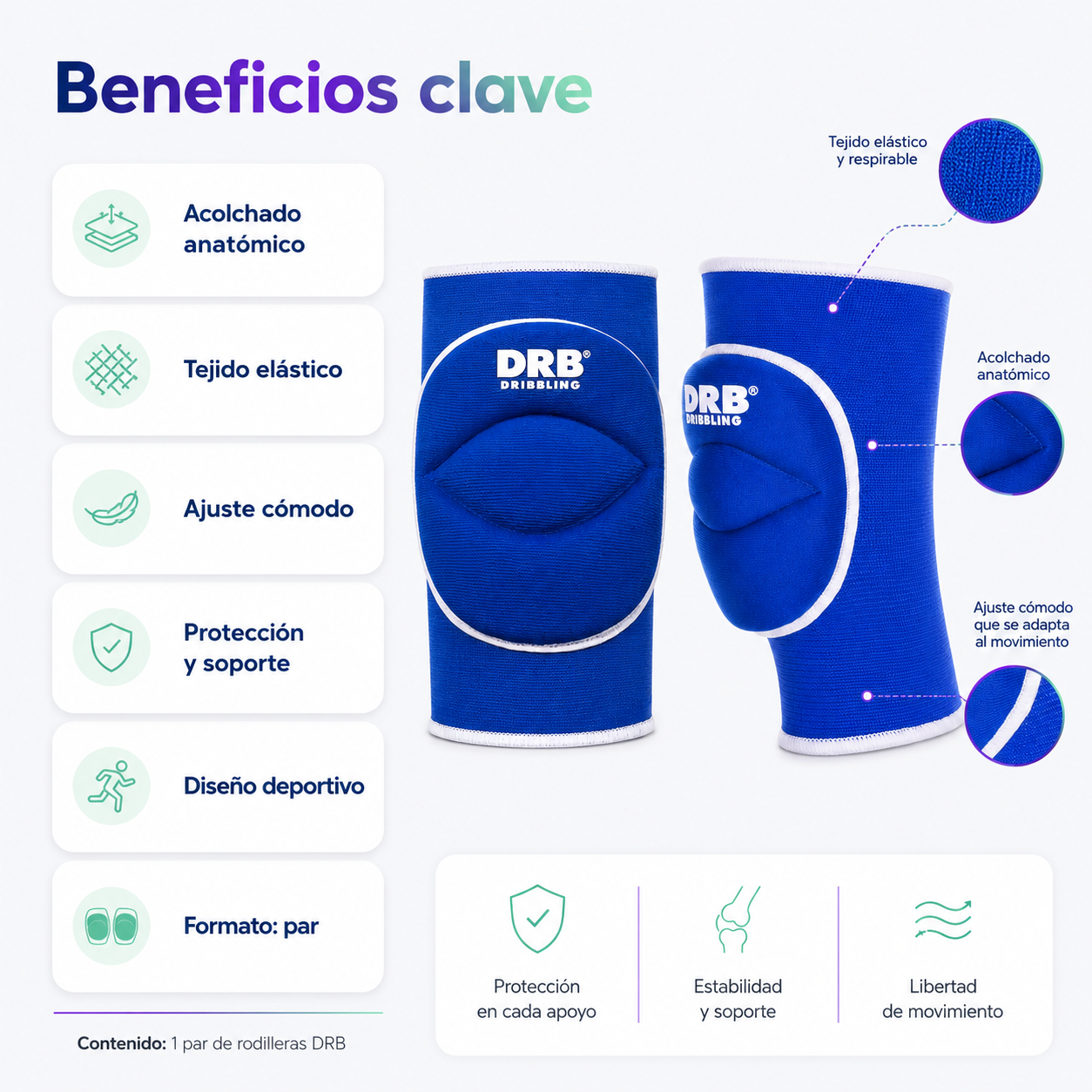 Par de Rodilleras Deportivas DRB Classic Volley / Basquetbol / Patinaje | Azul