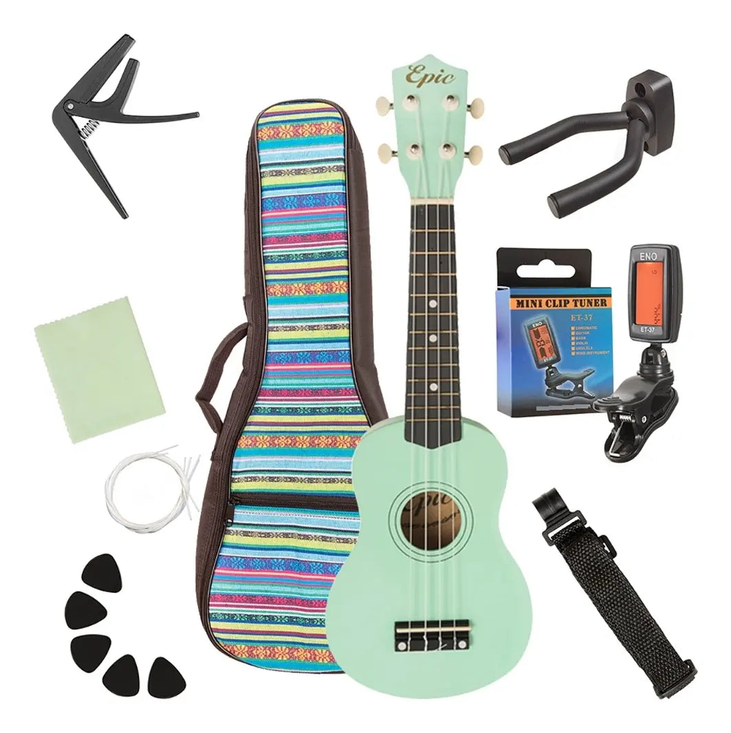 Ukelele Soprano Epic Music 21” con Funda, Afinador, Capo y Accesorios | Verde Agua
