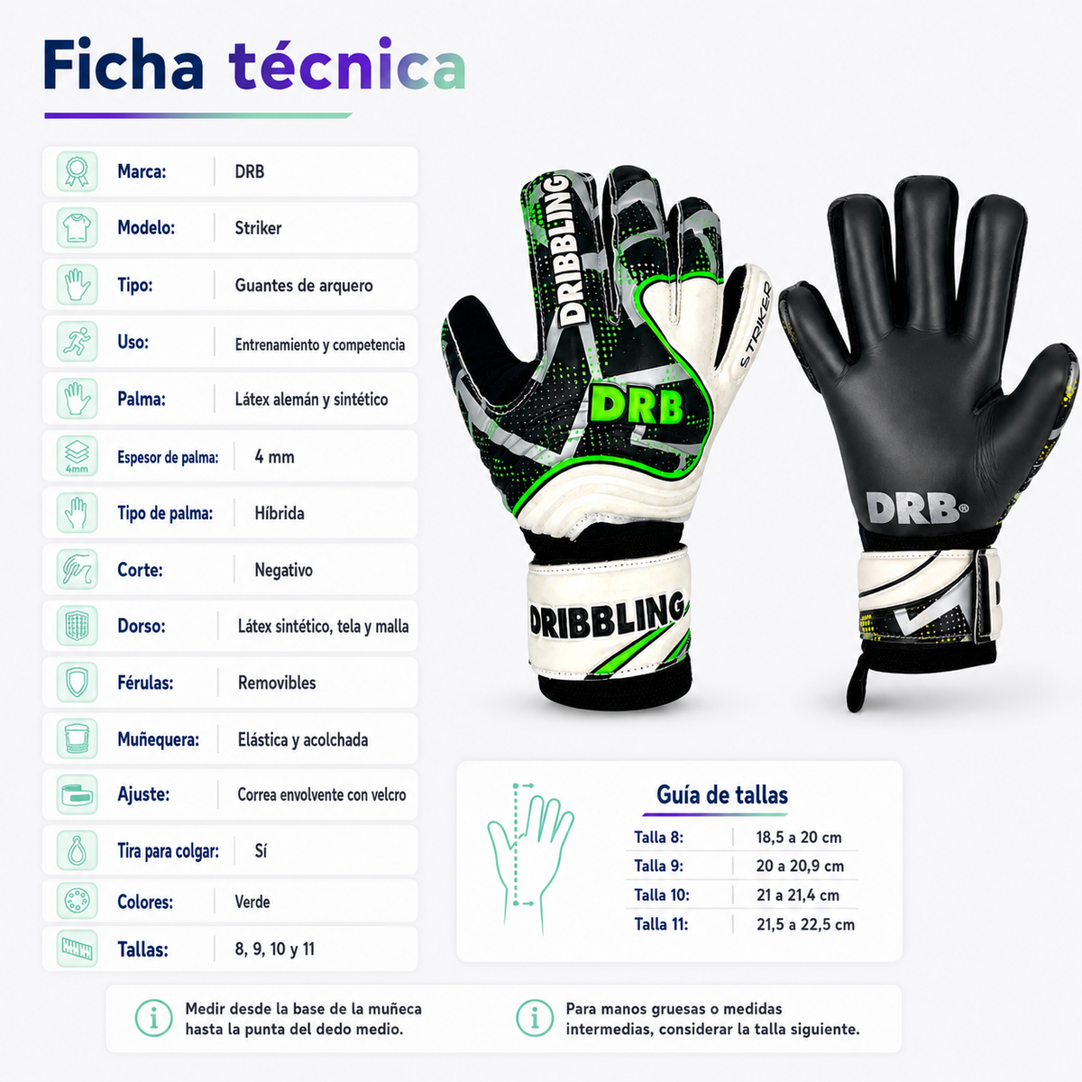 Guantes de Arquero DRB Striker con Látex Alemán y Férulas Removibles | Verde