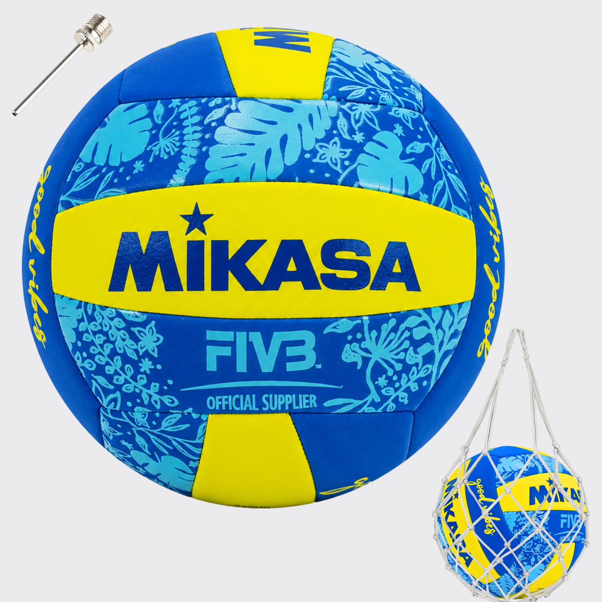 Balón de Vóleibol Playa Mikasa Good Vibes BV354TV N°5 Con Malla y Aguja | Azul/ Amarillo