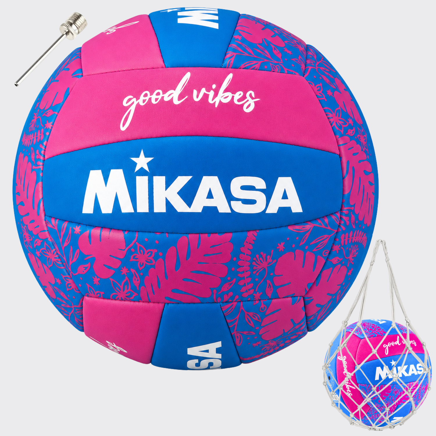 Balón de Vóleibol Playa Mikasa Good Vibes N°5 Con Malla y Aguja Fucsia/Azul